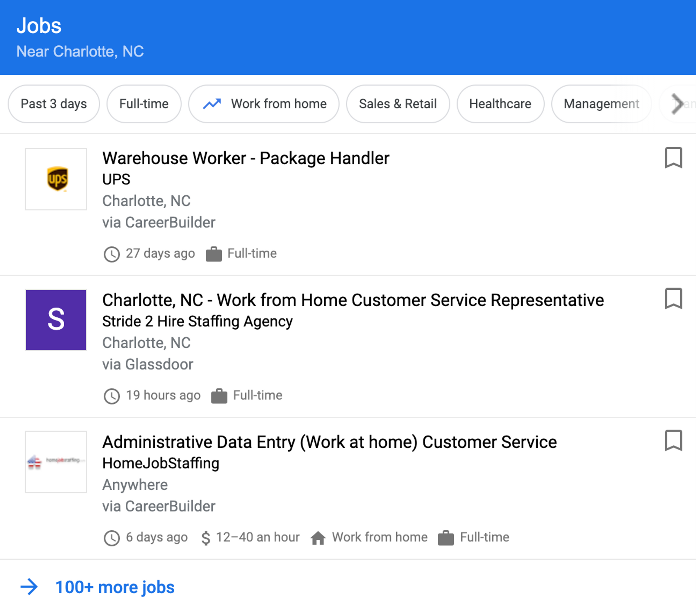 the google jobs search widget showing results for jobs near me
