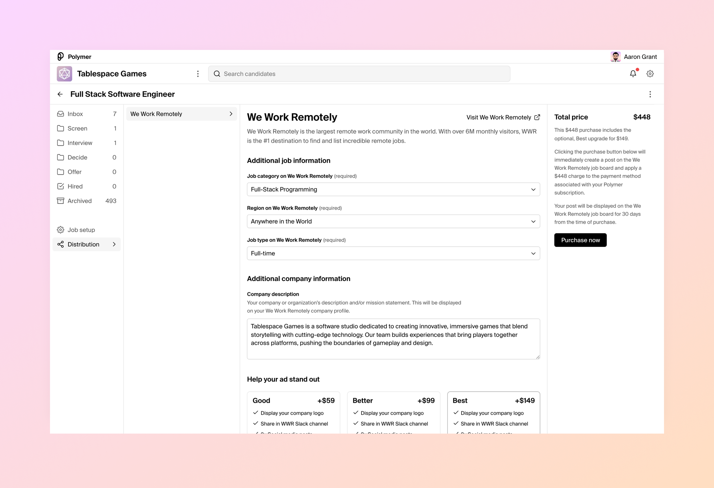 Screenshot of Distribution tab showing WWR form with pricing options and company summary field