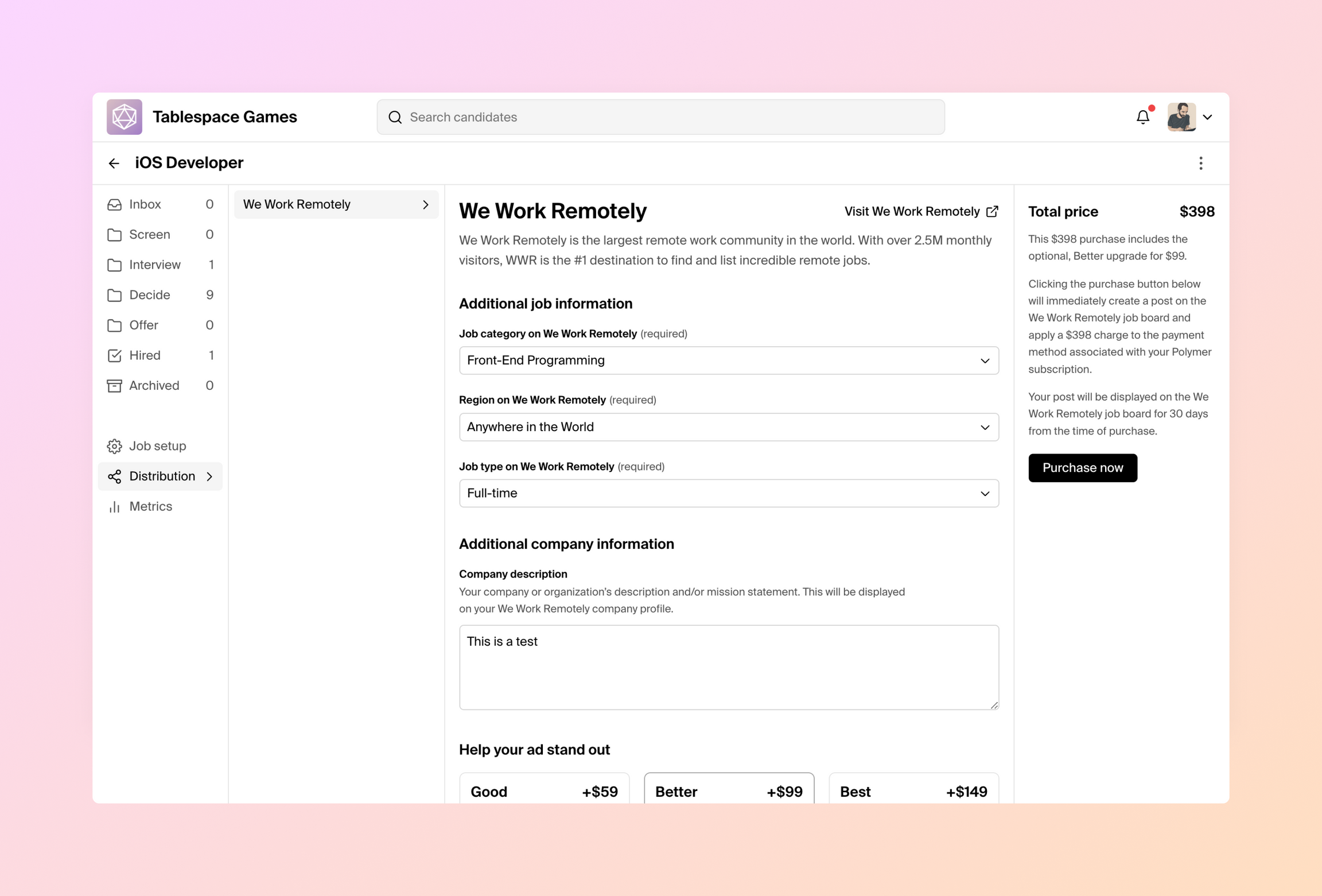 the we work remotely distribution page in Polymer