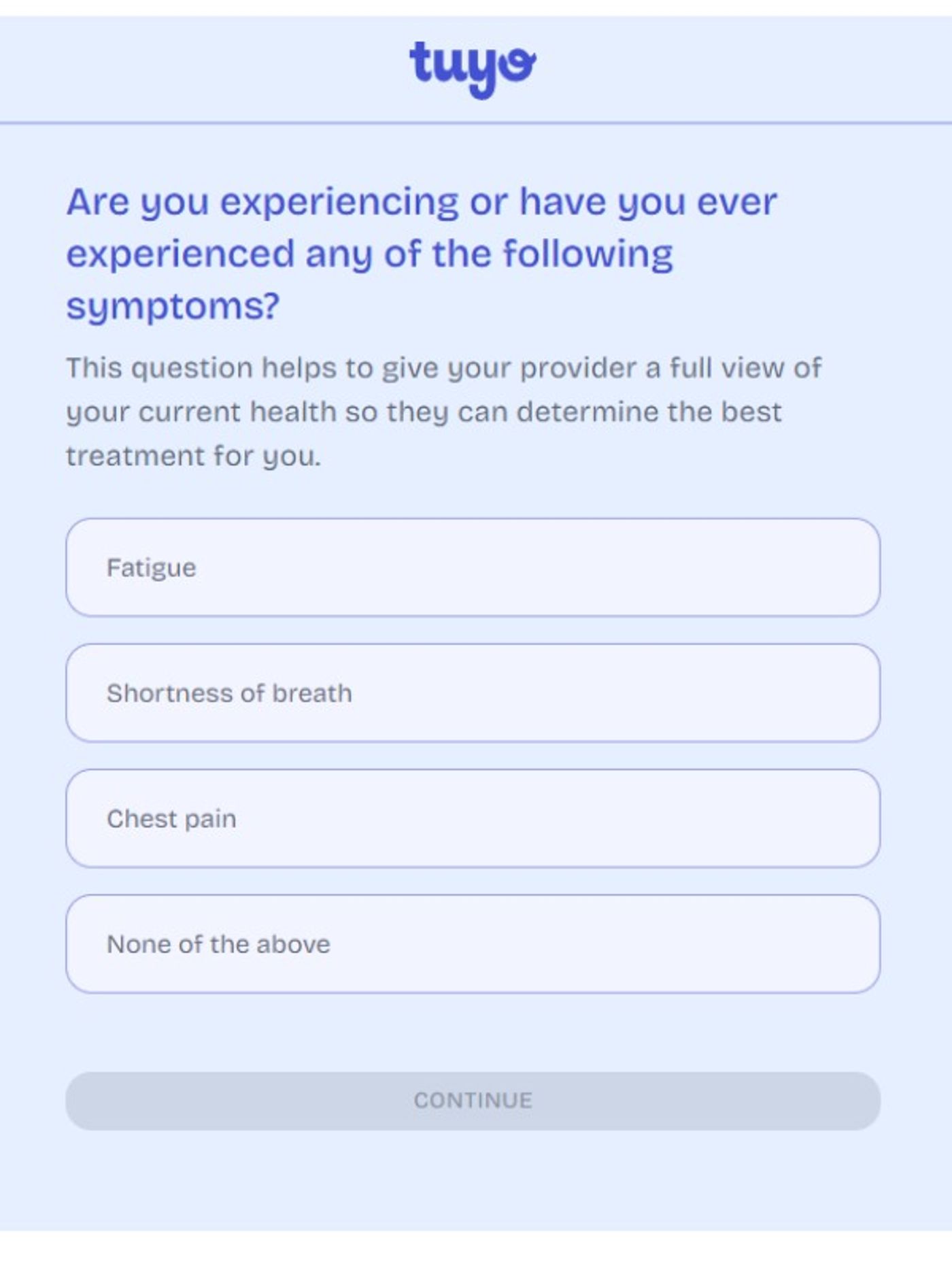 symptoms question on tuyo health quiz