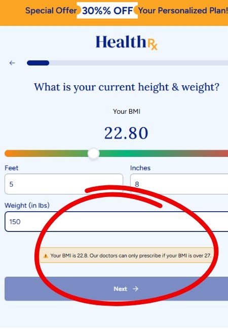 BMI question during health rx quiz