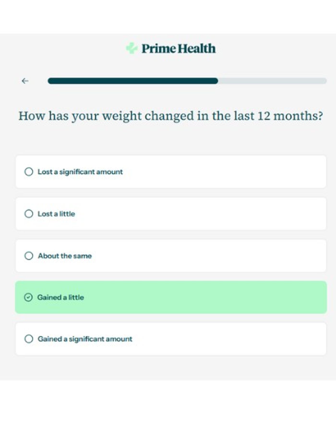 weight change question on primehealth quiz