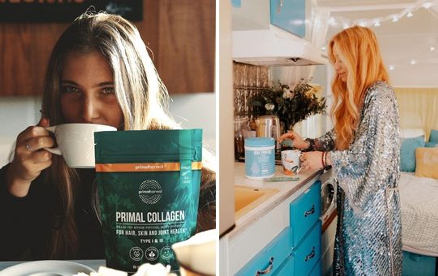 Woman on the right makes a cup of coffee with vital proteins collagen peptides while the woman on the left drinks coffee with primal collagen.