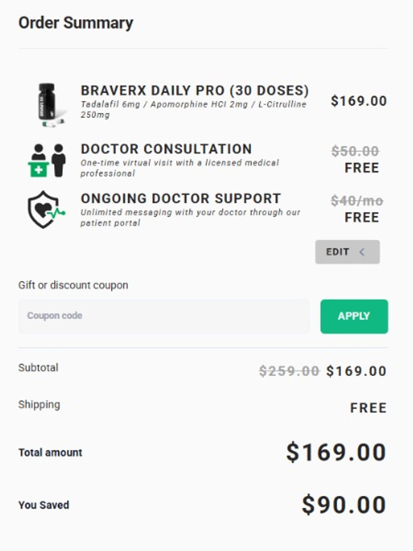 order summary on brave RX daily pro ED