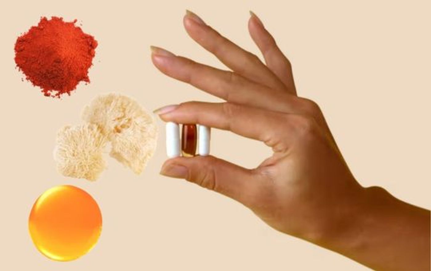 Ingredients of thesis nootropics next to a hand holding capsules