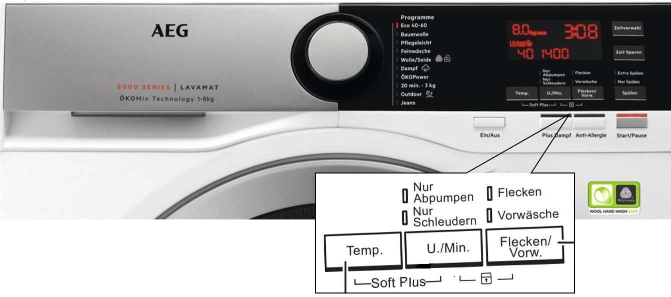 Kindersicherung mit U/min und Flecken/Vorwäsche