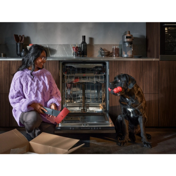 technician repairing an AEG dishwasher