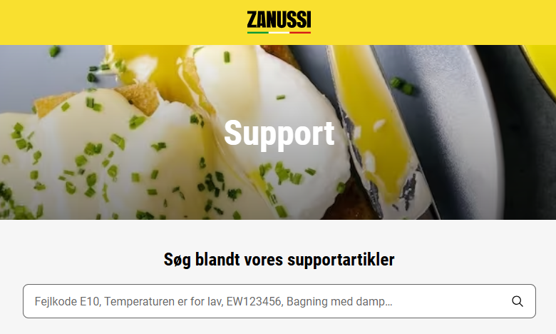 Zanussi supportside med søgefelt til fejlkoder, problemer og vejledninger