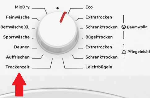 Trockner Display mit Trockenzeit am Drehwähler
