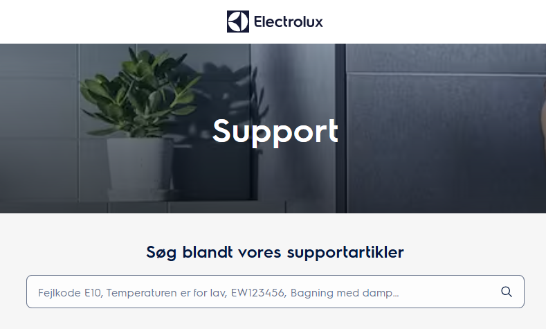 Electrolux supportside med søgefelt til fejlkoder, problemer og vejledninger