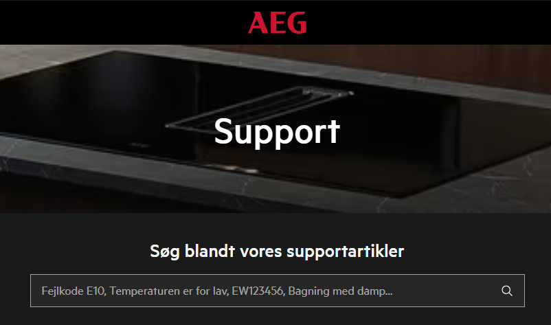 AEG supportside med søgefelt til fejlkoder, problemer og vejledninger