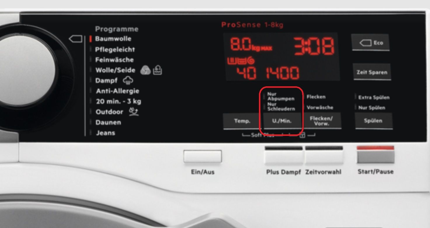 Waschmaschine Display "Nur Schleudern" als Option bei U/min