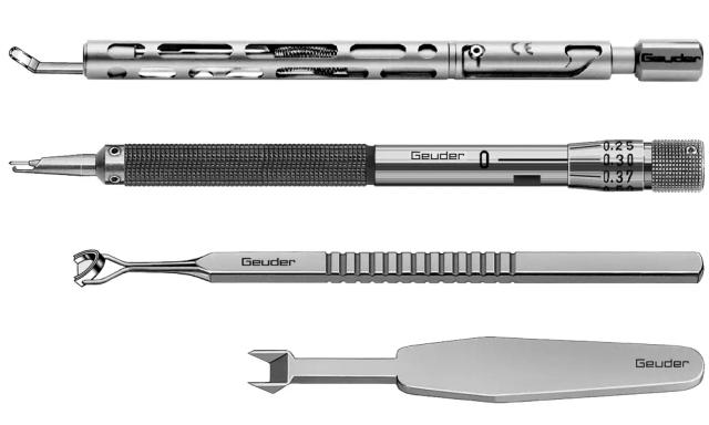 The *trabeculectomy* (Cairns/Watson) becomes the most common operation for chronic open-angle glaucoma. Geuder provides matching markers and knives.