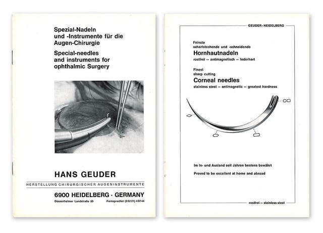 *H. Harms* (Tübingen) erfindet die *fortlaufende Naht für Keratoplastiken*. Für diesen anspruchsvollen Eingriff stellt die Firma Hans Geuder seit den 1960er Jahren feinste atraumatische antimagnetische Keratoplastik- und Hornhautnadeln sowie passende Nadelhalter und Pinzetten her. Erst 1981 entwickelt F. Hoffmann die doppelte fortlaufende Kreuzstichnaht, deren Nähte sich im Bereich des Wundspaltes überkreuzen und so für einen wasserdichten Wundverschluss sorgen. 2018 perfektioniert S. Suffo in Zusammenarbeit mit Geuder die PKP mit dem Homburger Hornhaut-Markierer.