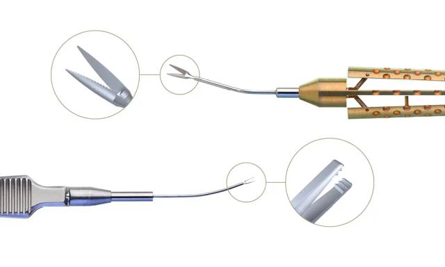 Für eine effektive *IOL-Explantation* durch kleinste Inzisionen entwickelt Geuder in Zusammenarbeit mit M.E. Snyder und R.H. Osher (Cincinnati Eye Institute) eine IOL-Schere und ein IOL-Zängchen. *Die IOL-Schere nach Snyder/Osher* hat kräftige und scharfe Scherenblätter sowie Riefen auf dem unteren Schneideblatt, um ein Vorgleiten der Linse beim Schneiden zu verhindern. Außerdem ergibt sich durch die besondere Griff-Geometrie ein großer Öffnungswinkel der Scherenblätter. Das IOL-Zängchen nach Snyder/Osher bietet durch speziell geriefte Fassflächen einen sicheren Halt für die Linse beim Zerteilen und die Linsenfragmente beim Entfernen.