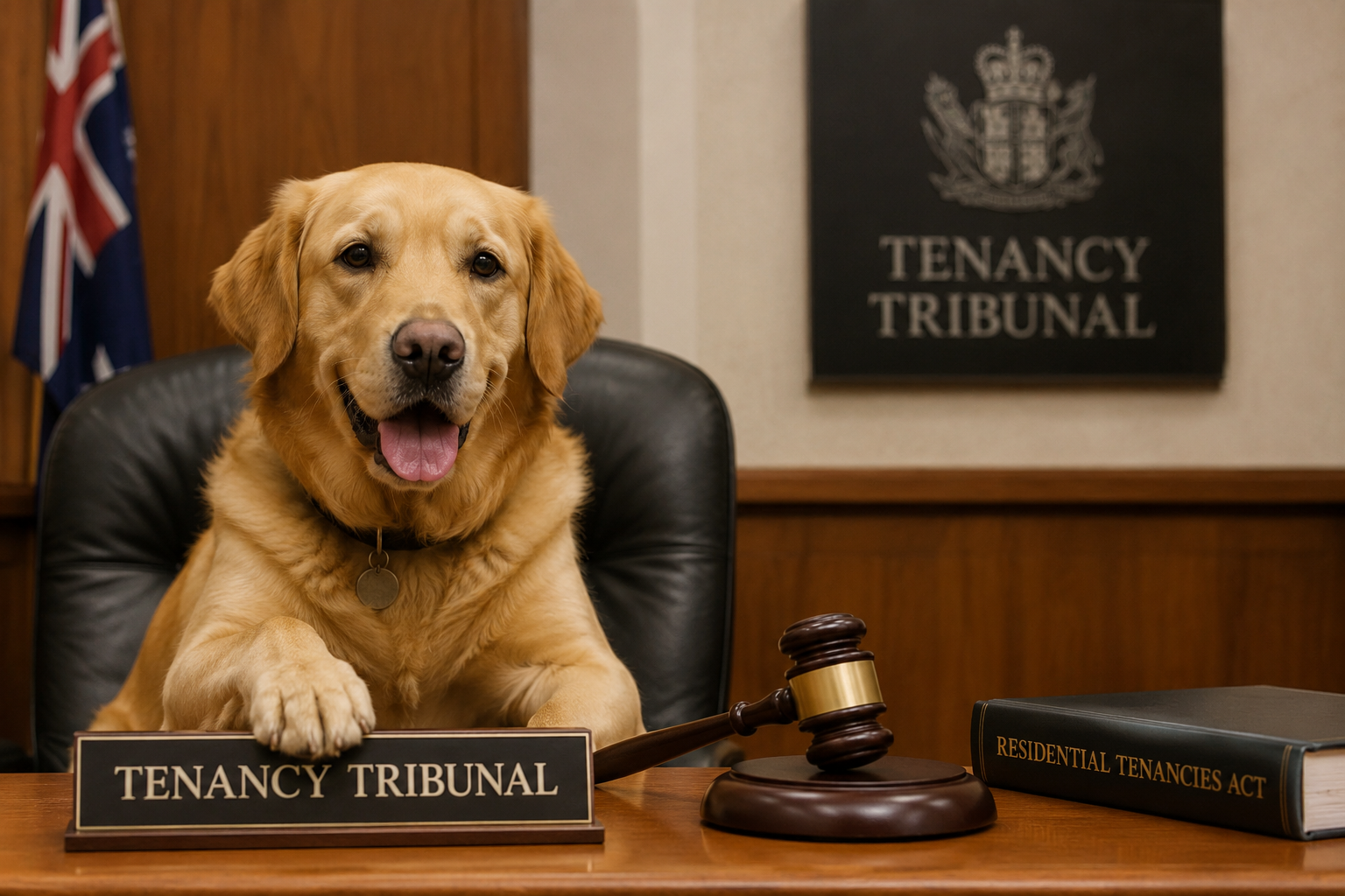 Image of a dog sitting in a judges chair with a plaque reading tenancy tribunal