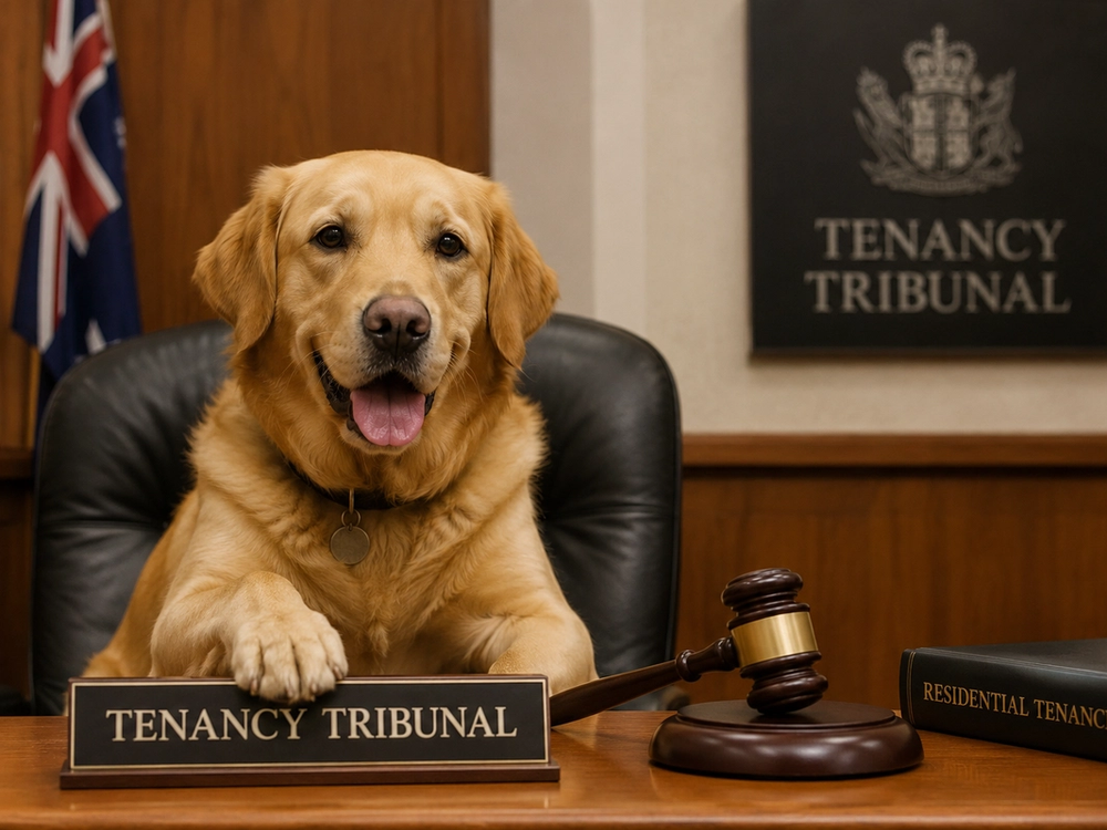 Image of a dog sitting in a judges chair with a plaque reading tenancy tribunal