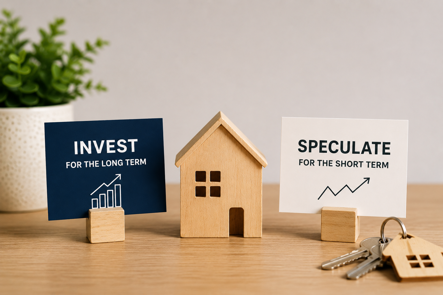 Two signs showing "Invest for the long term" and "Speculate for the short term" with a house in the middle