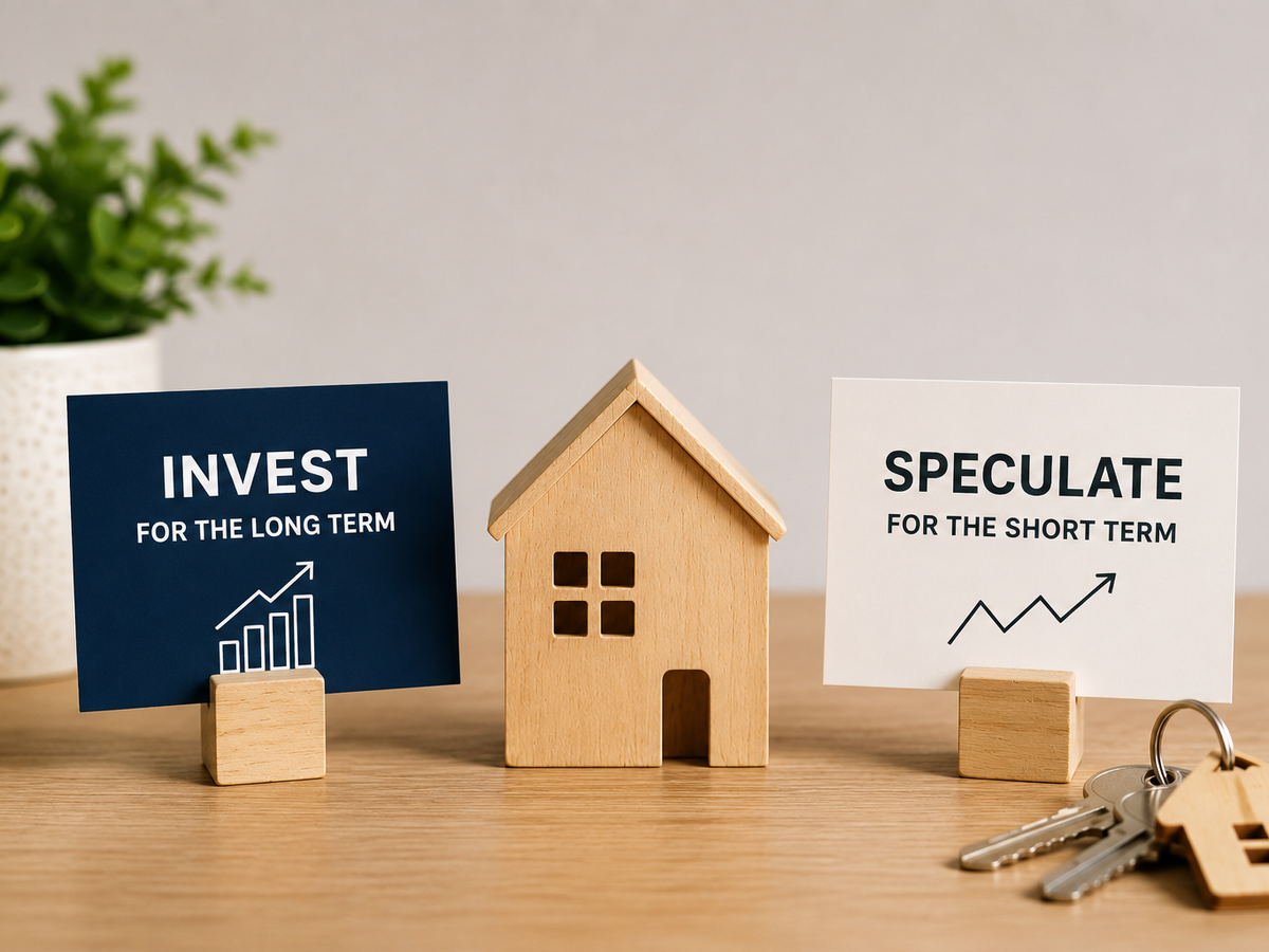 Two signs showing "Invest for the long term" and "Speculate for the short term" with a house in the middle