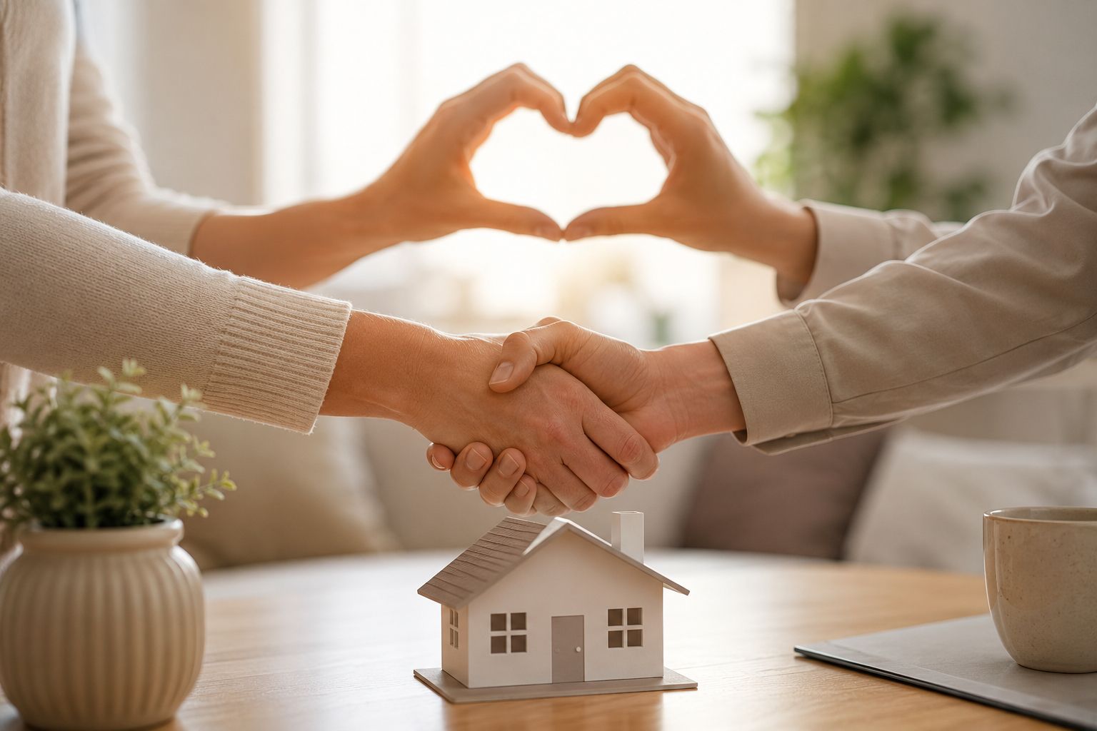 Hands shaking above a model of house