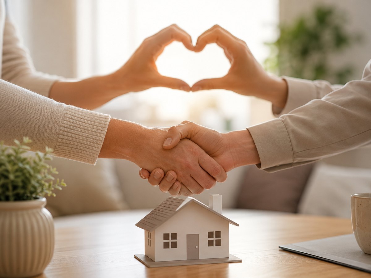 Hands shaking above a model of house