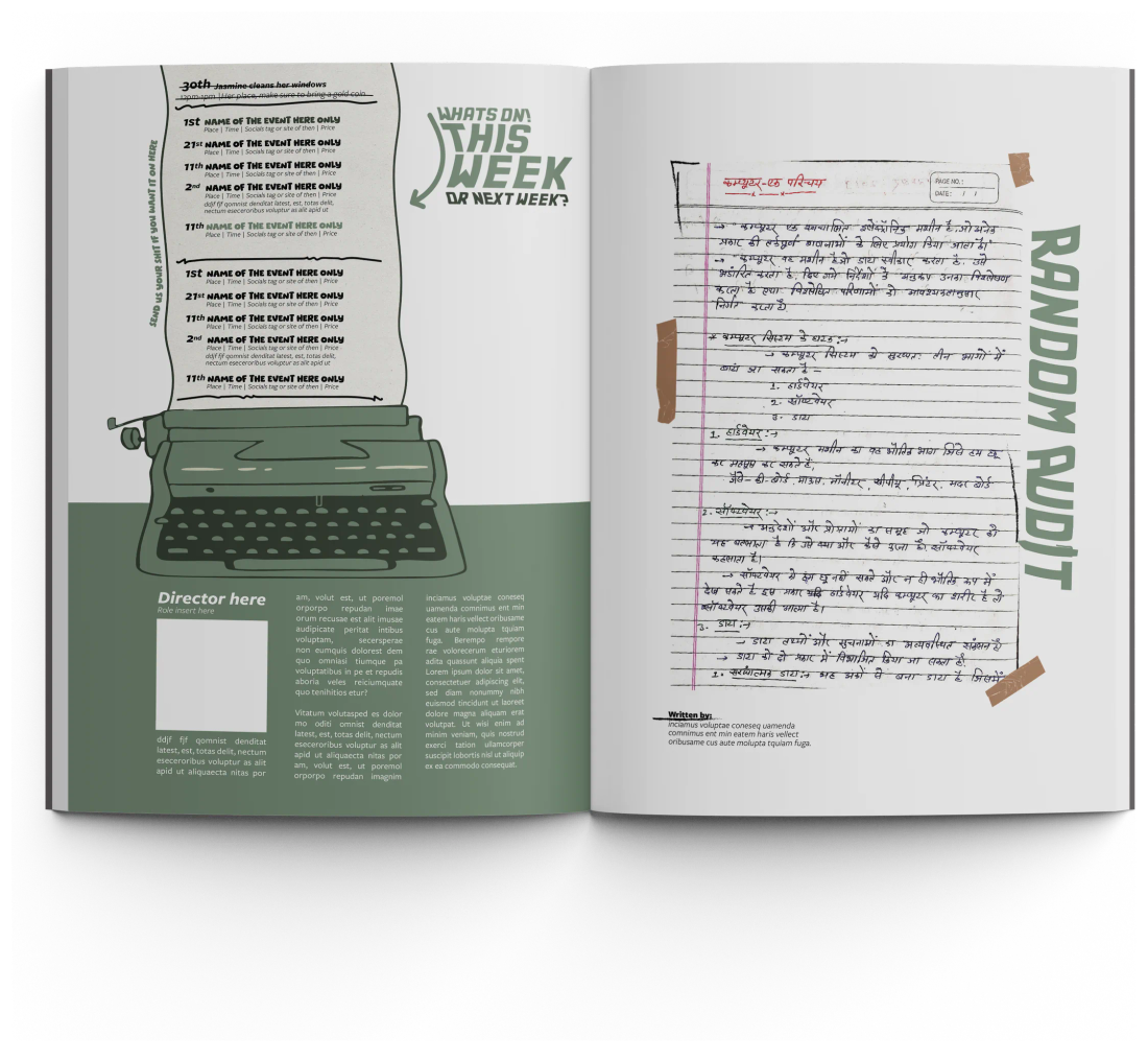 Green typewriter illustration beside the Random Audit handwritten page