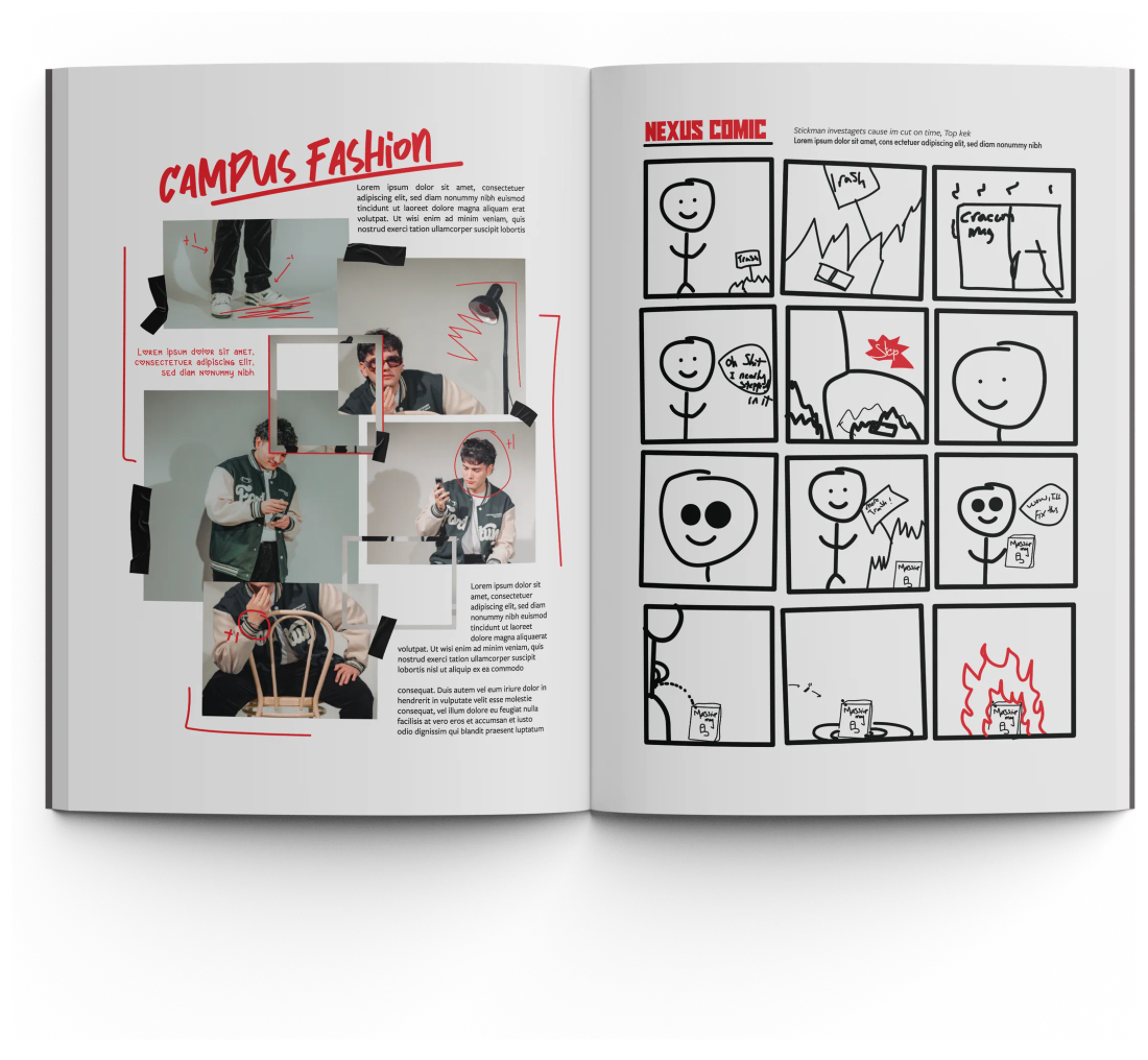 Campus Fashion spread beside a hand-drawn Nexus comic page