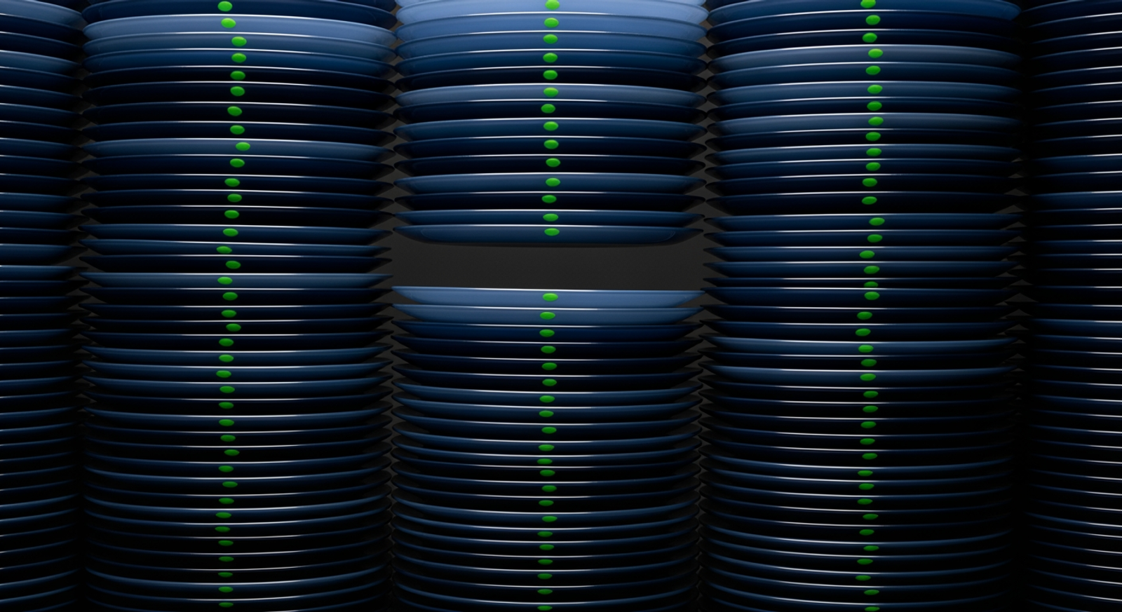 Wall of translucent navy plates with small green dots — FIX tags