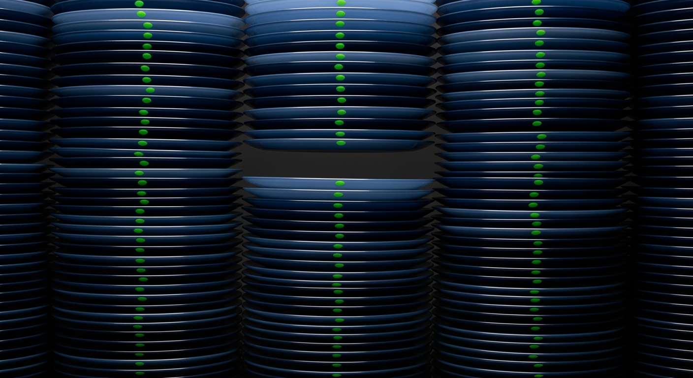 Wall of translucent navy plates with small green dots — FIX tags