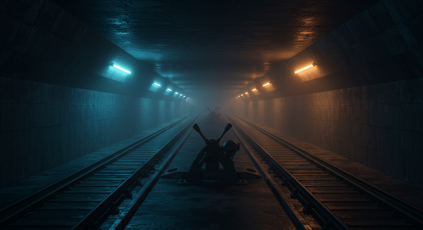 Brutalist concrete transit hall at dawn, two parallel illuminated conveyor tracks running 