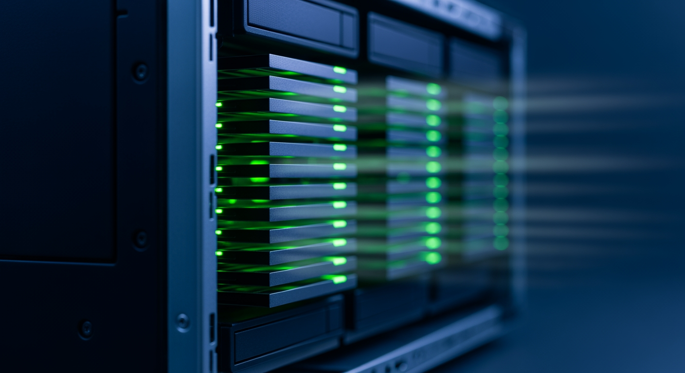 Open server chassis from the side — stacked cooling fins glow faintly green, suggesting airflow over pinned trading cores