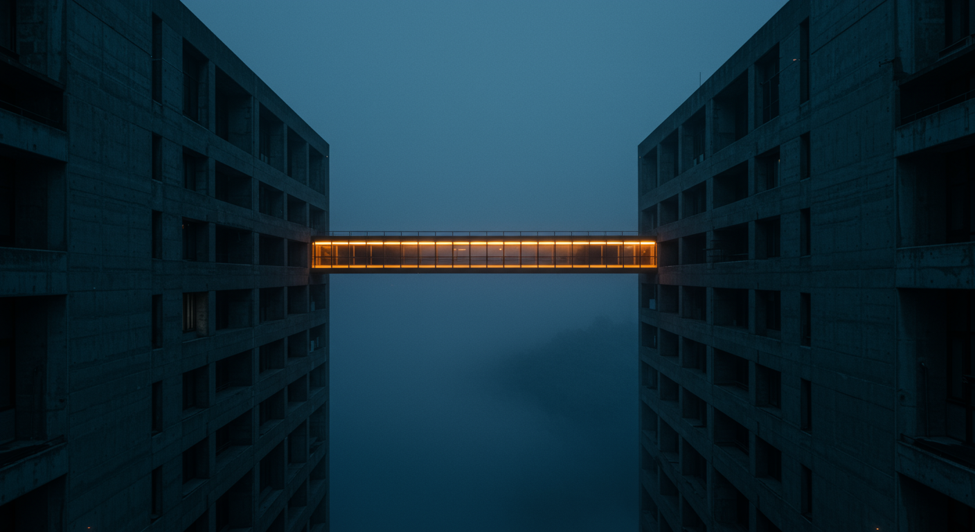 Two mirrored brutalist towers across a foggy chasm at dawn, connected by a single illumina
