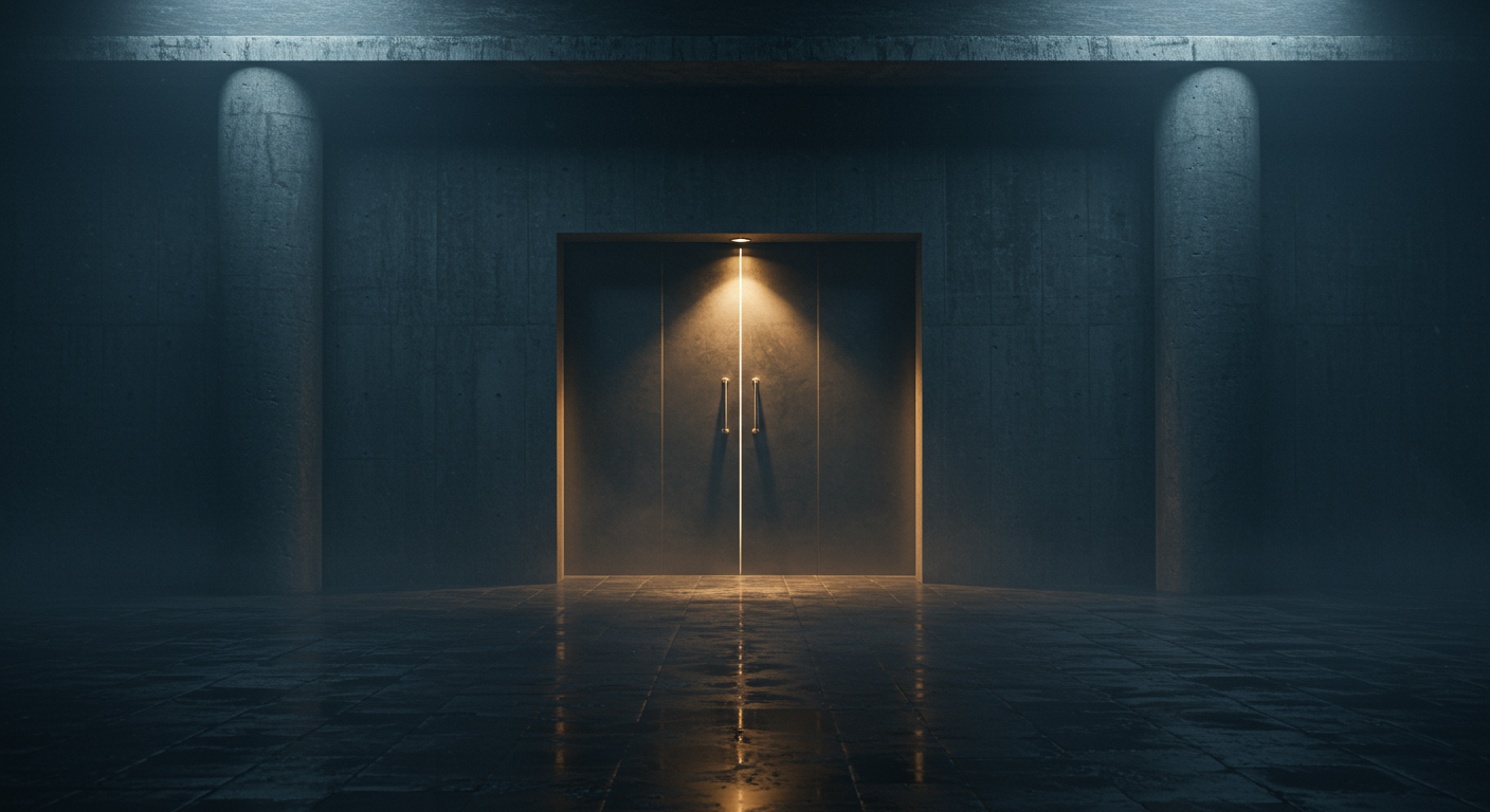 Brutalist concrete vault gateway with deeply-recessed matte-steel door at dawn, two flanki