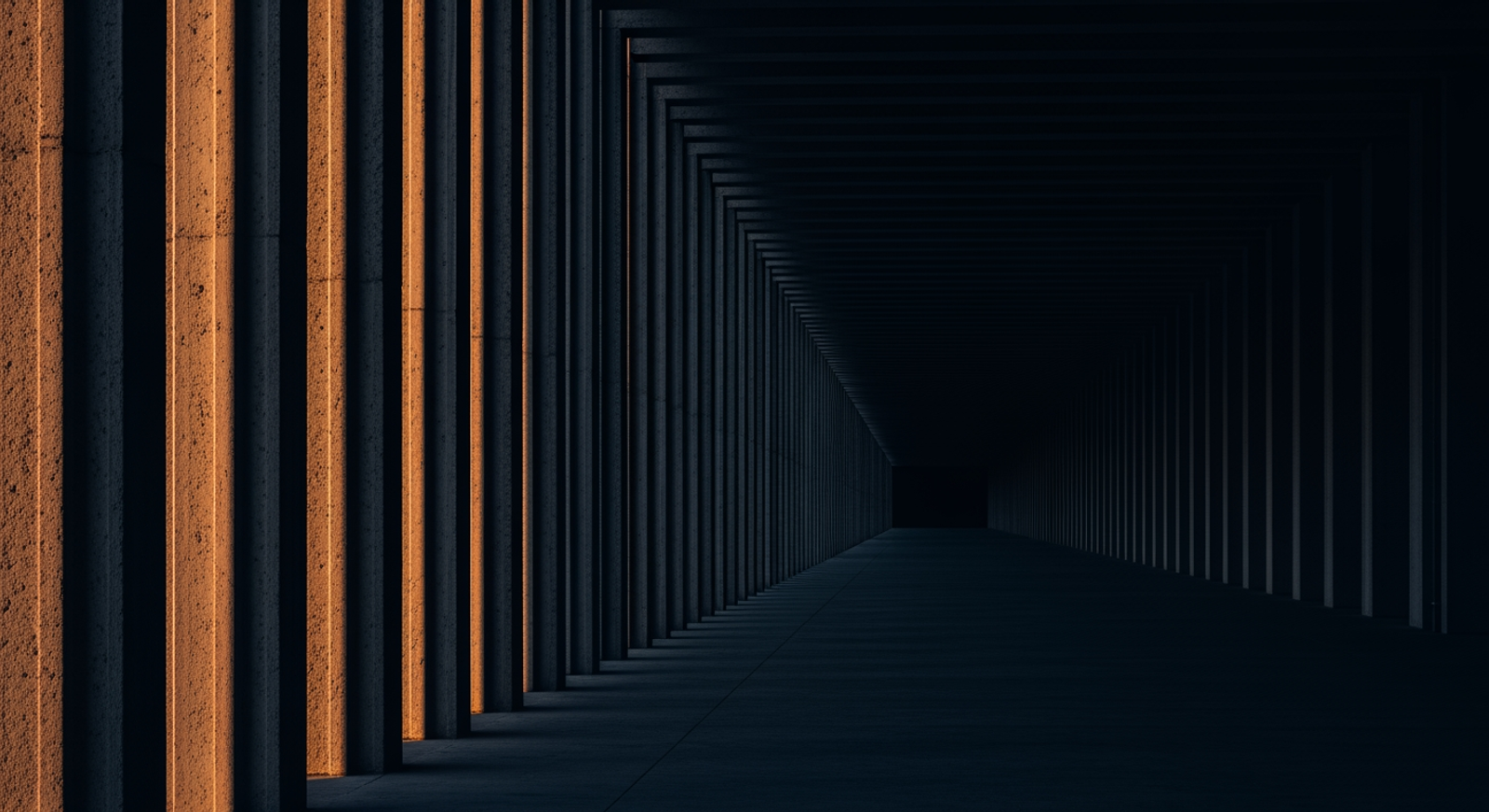 A modernist concrete colonnade — queue position as ordered structure
