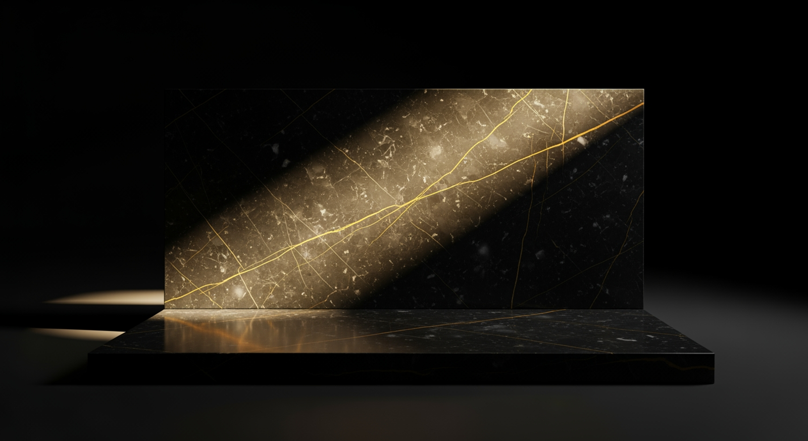 Polished black marble with gold veining — premium as priced uncertainty
