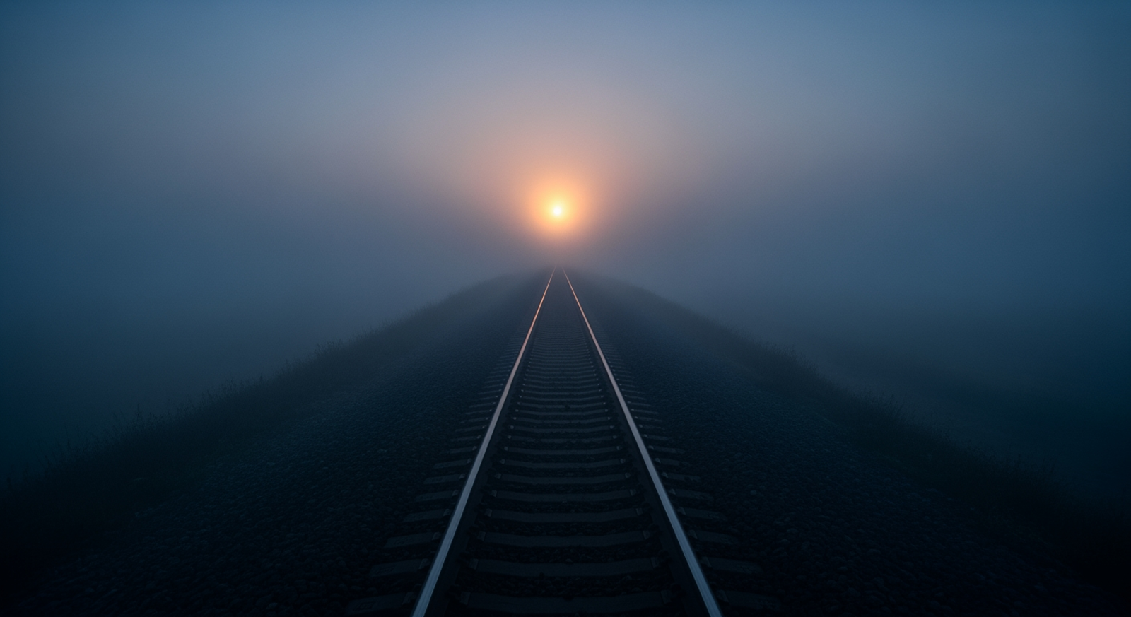 A single rail vanishing into fog — queue position as ordered priority