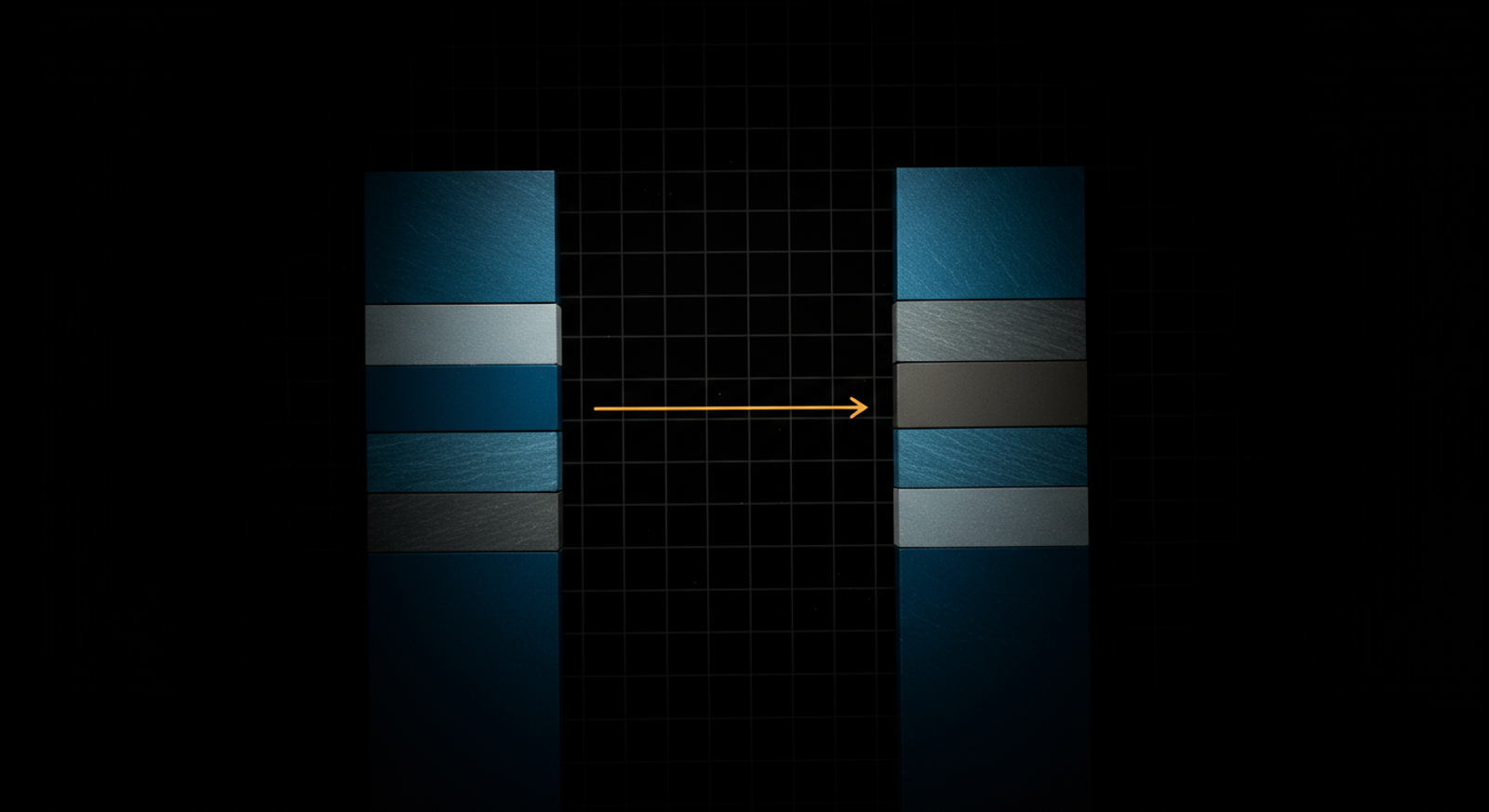 Abstract two-column architectural decision diagram on dark background: two parallel vertic