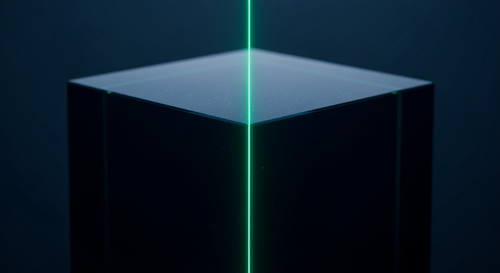 A precision teal-green laser line splits the dark surface — the institutional mid-price as a measurement, not a hope