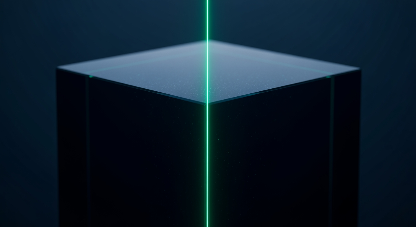 A precision teal-green laser line splits the dark surface — the institutional mid-price as a measurement, not a hope