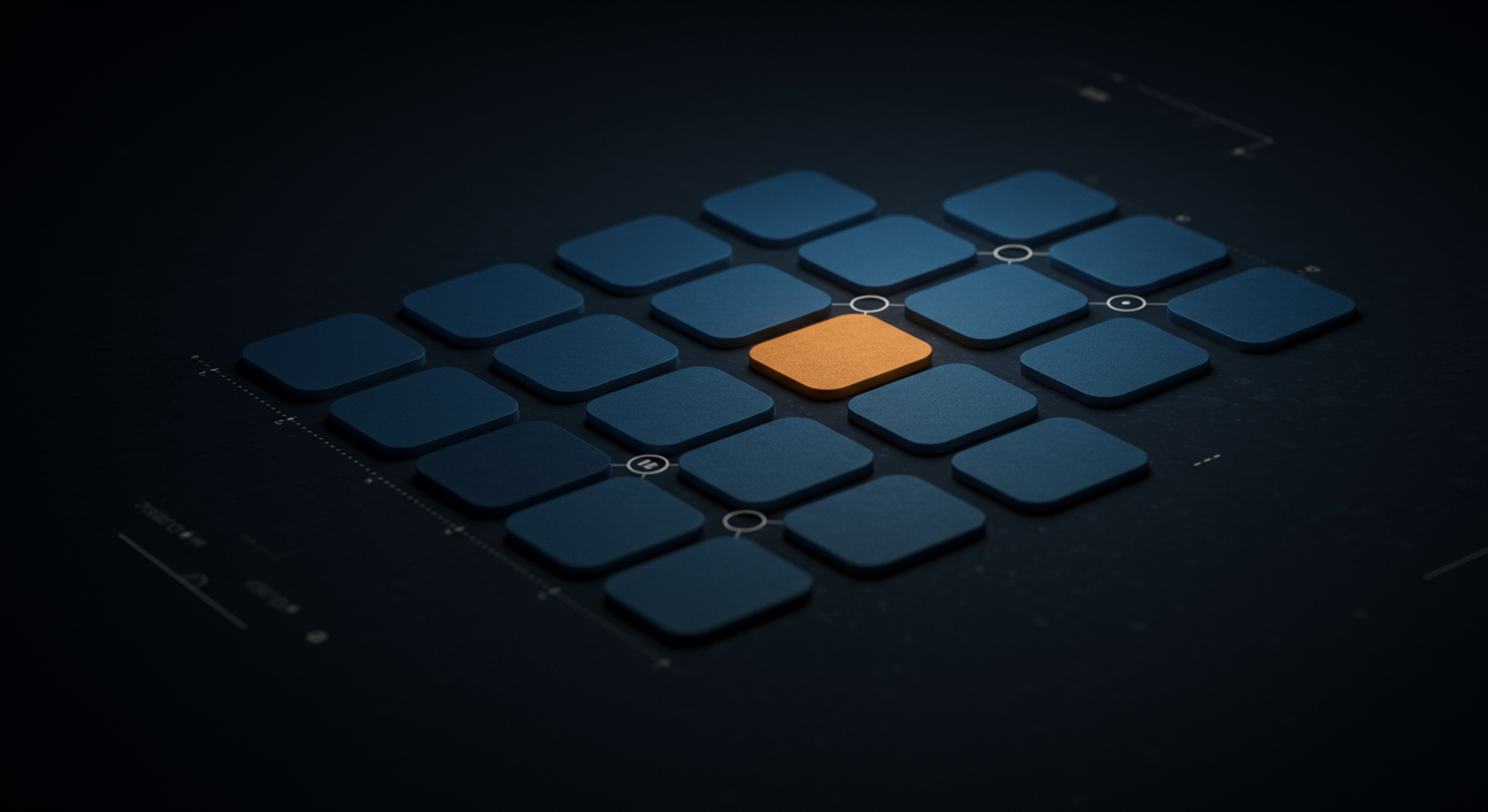 Abstract twelve-question evaluation matrix grid on dark background: 3x4 grid of cool blue 