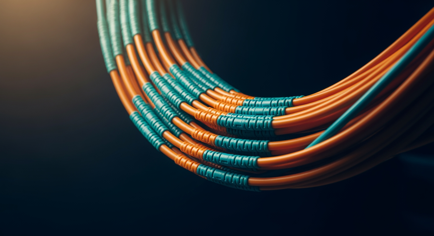 Fiber-optic patch cables in deep navy darkness — engineered redundancy