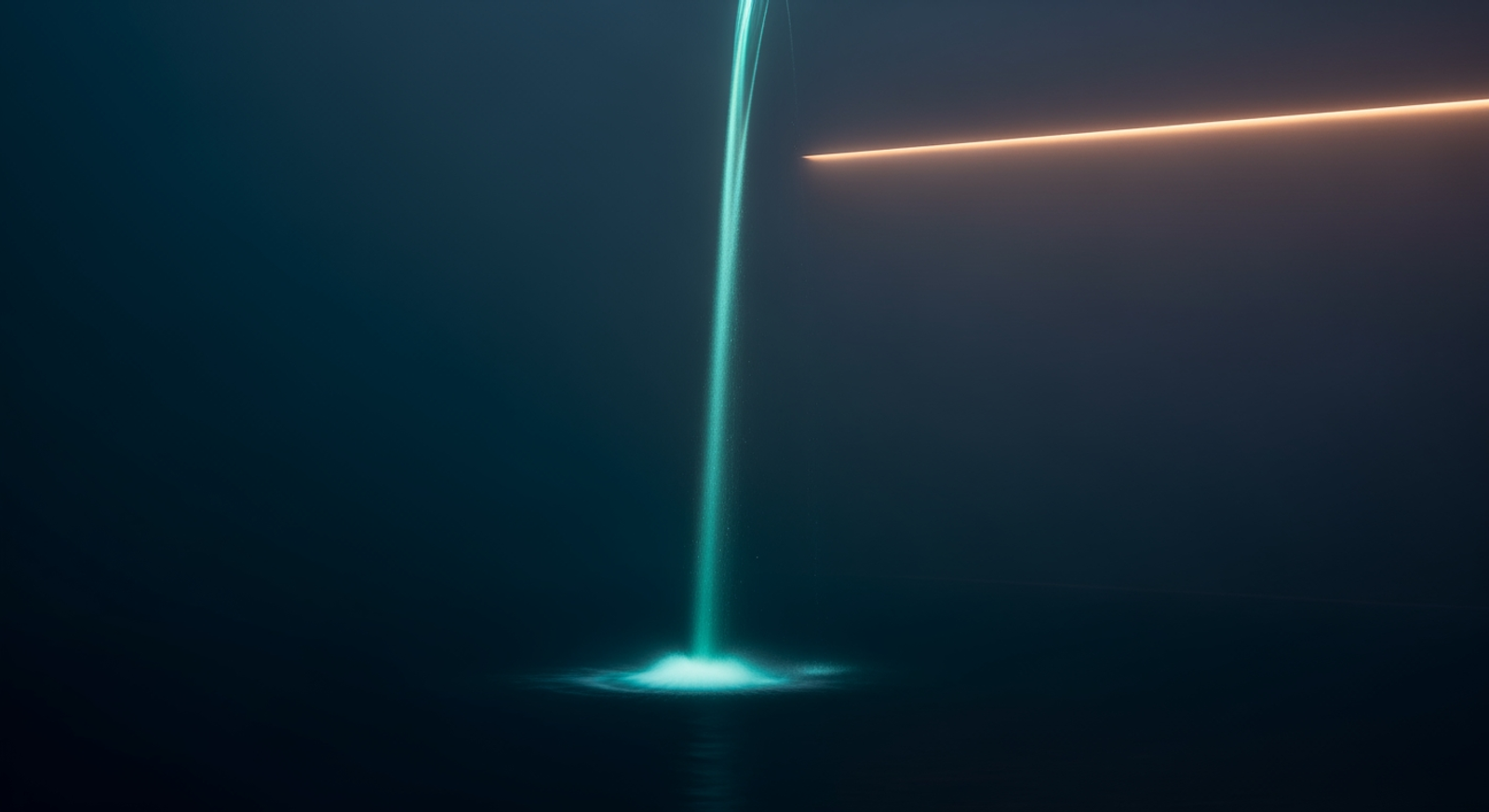 A thin column of water falling against deep navy — half-life as a measurable decay