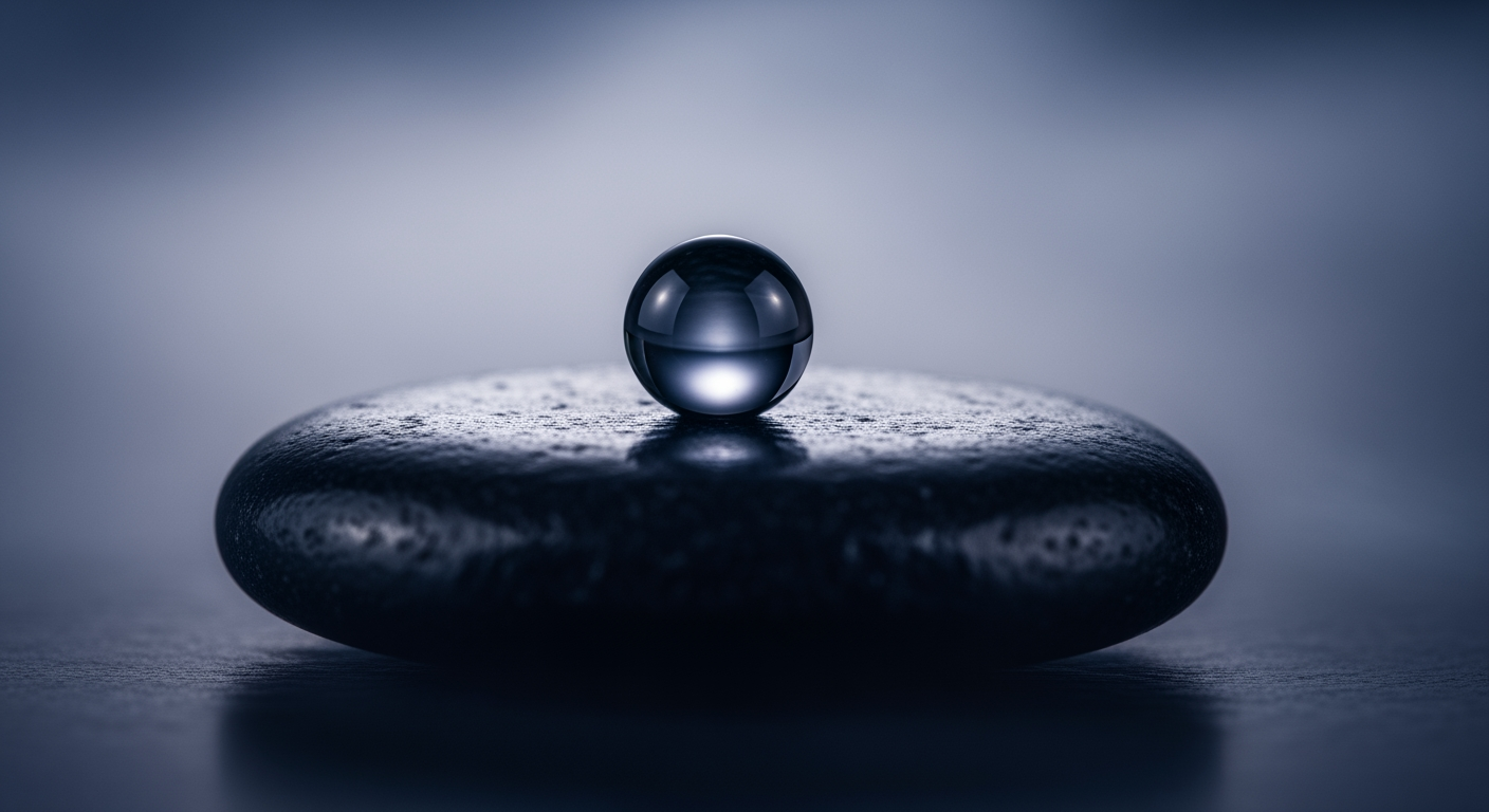 A drop of mercury held in surface tension — the asymmetric hold as deferred decision