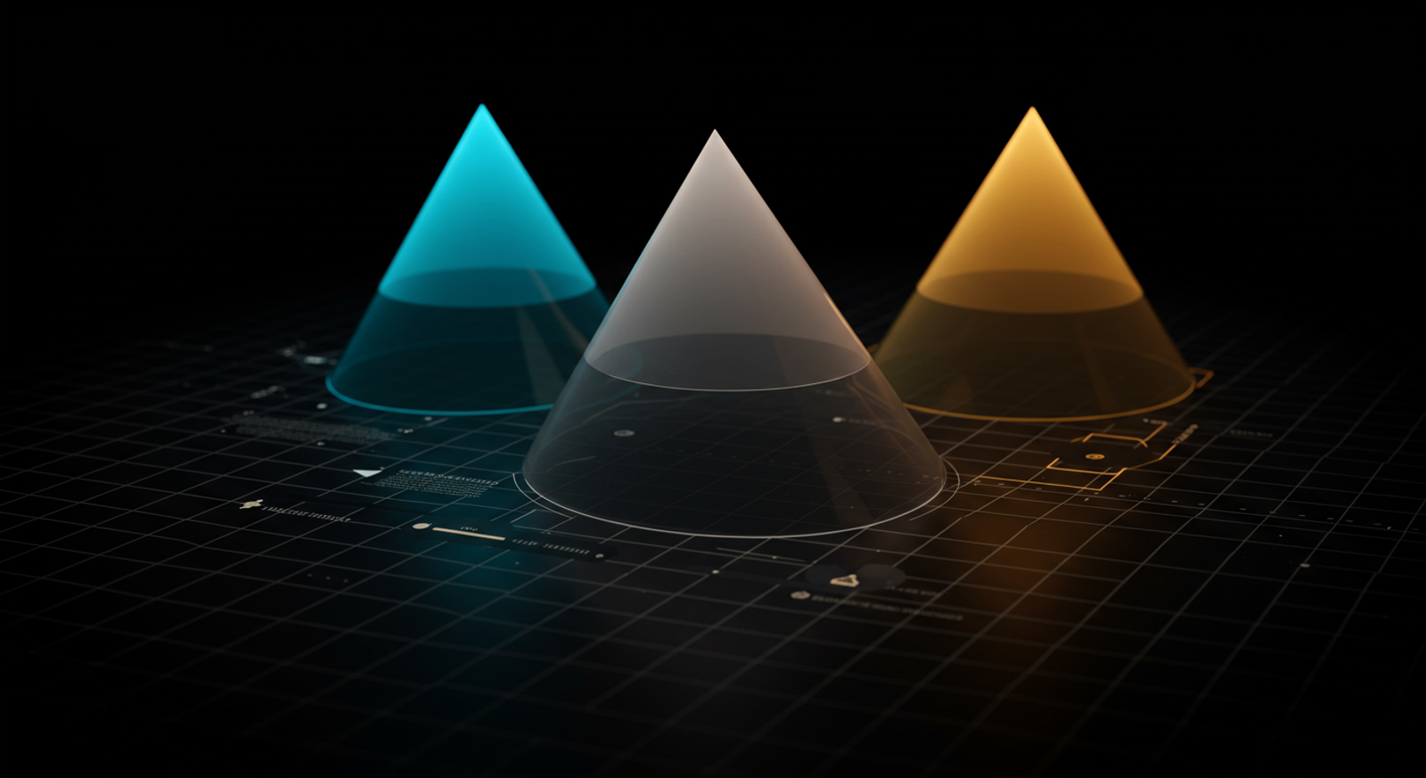 Abstract three-scenario fan chart on dark background: three diverging probability cones ra