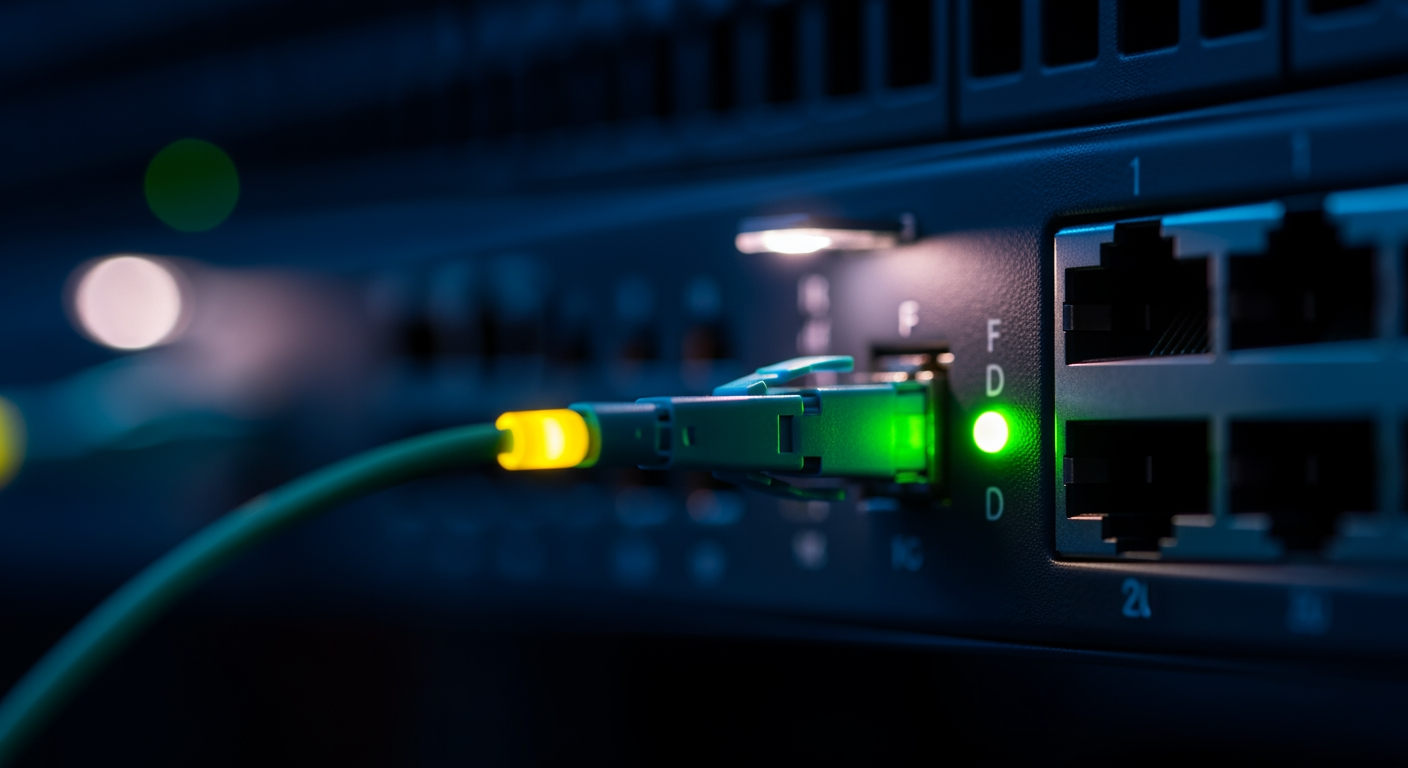 Fiber-optic switch port detail — Drovix latency-critical path