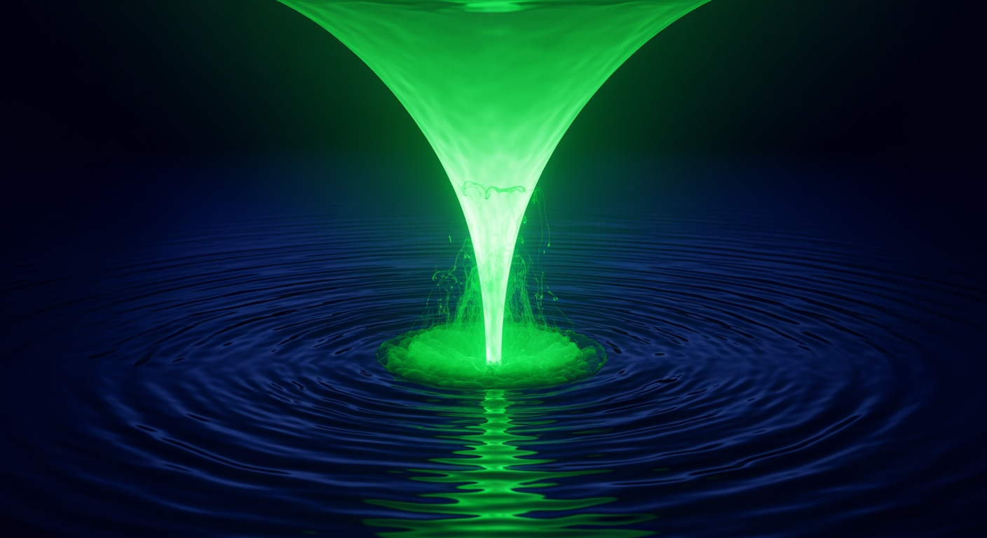 A green funnel cascading downward — concentrated risk flowing from a wide retail aperture into a narrow institutional channel