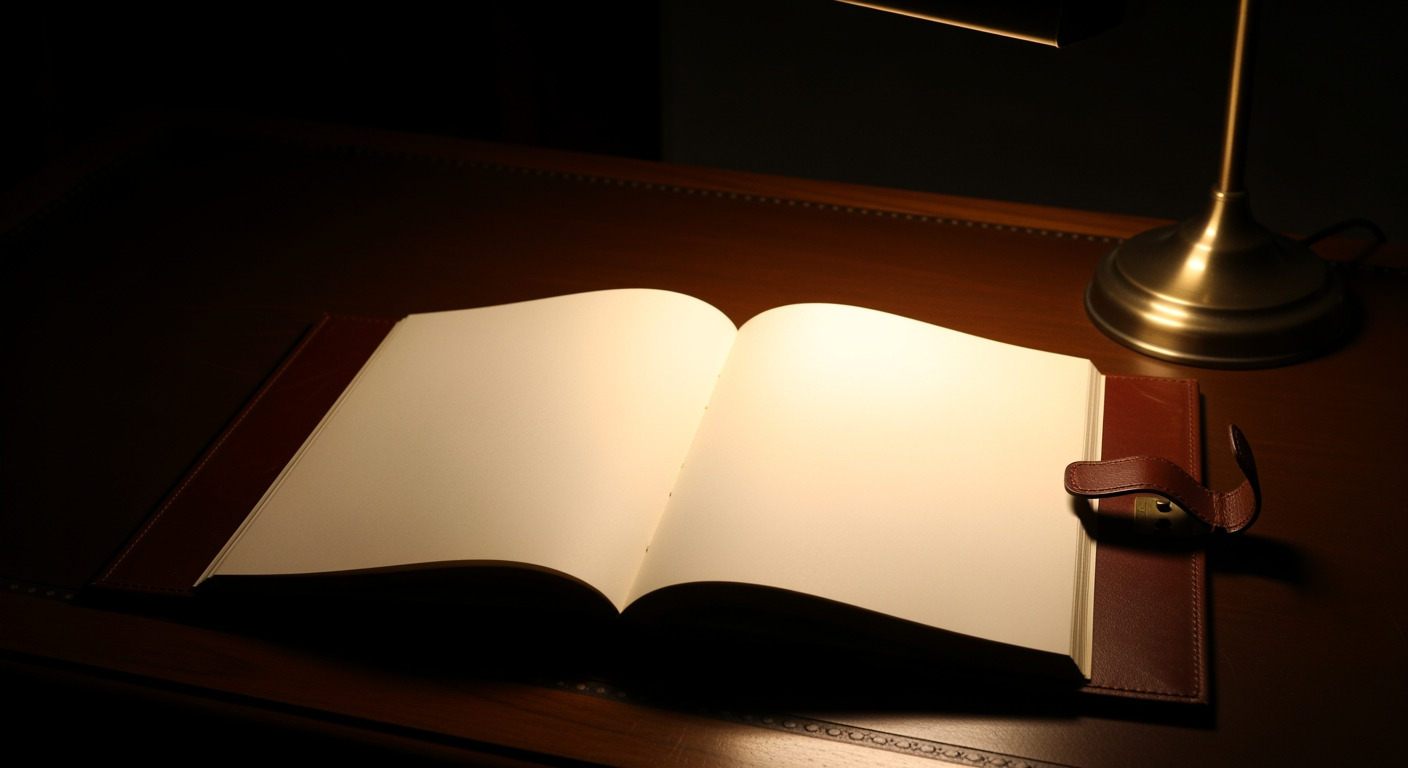 An open antique ledger lit by brass lamp — the protocol as institutional record