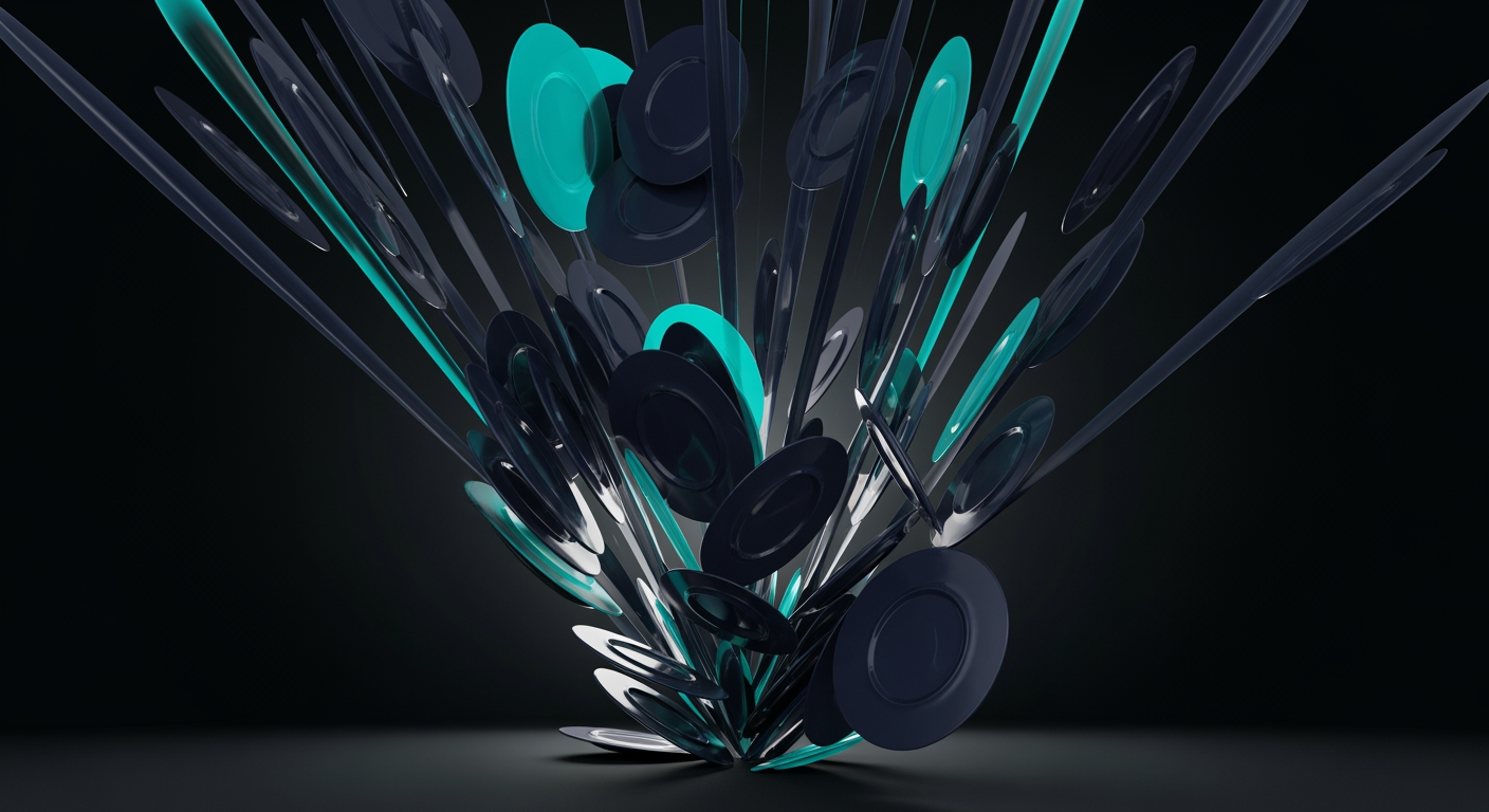 Translucent navy plates collapsing toward a single point — correlation breakdown