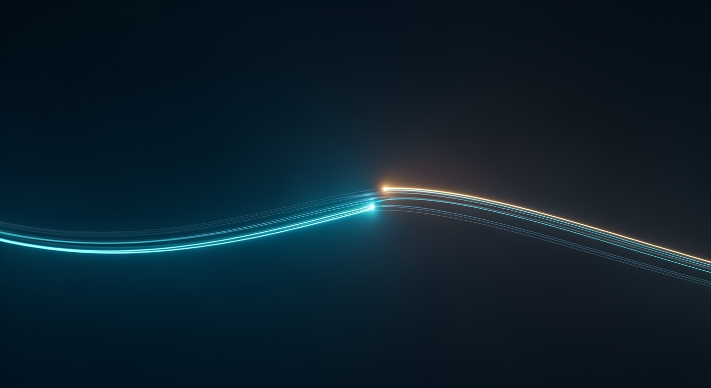 Two teal fiber strands converging — active-active redundancy