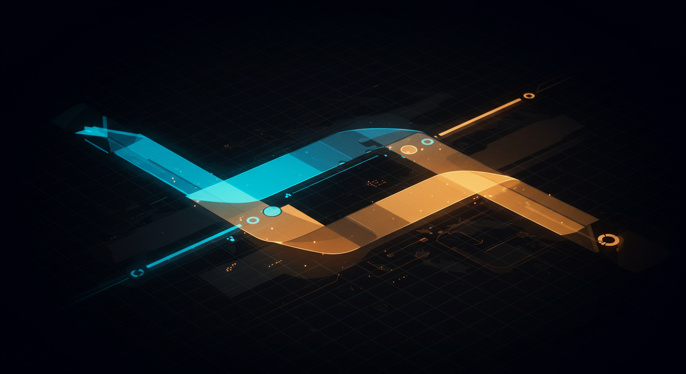 Abstract parallel-run comparison chart: two overlapping price ribbons (cool cyan and warm